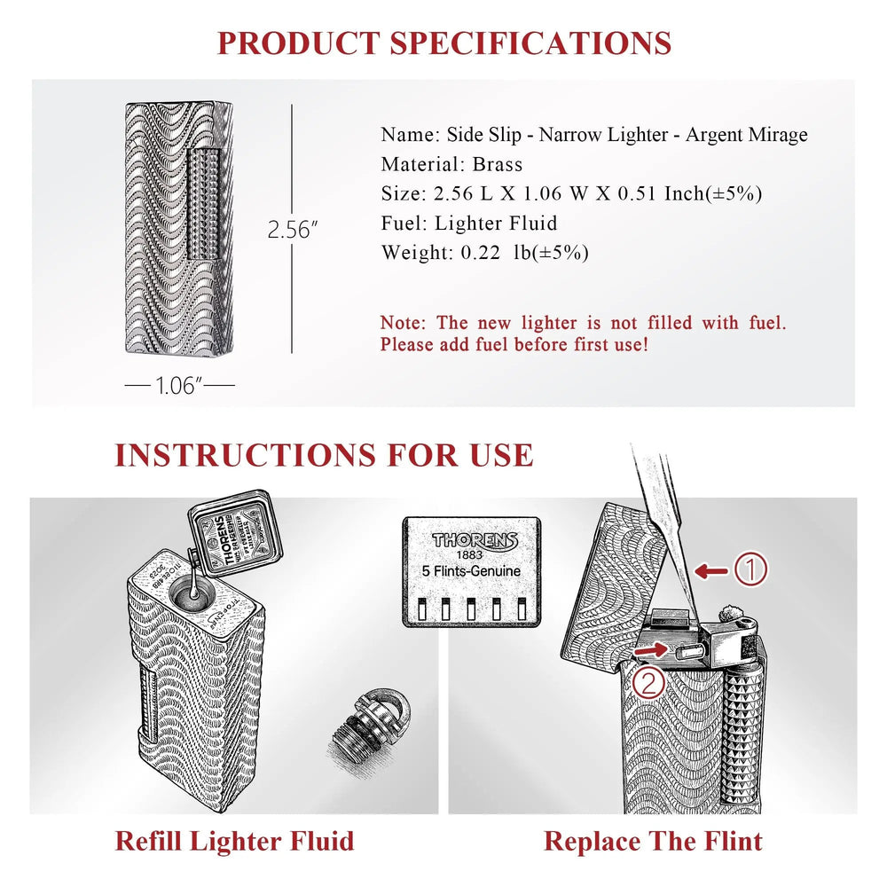 A technical specification sheet for the Argent Mirage narrow lighter, featuring 2.56-inch dimensions and illustrated step-by-step instructions for refilling fluid and replacing the flint.