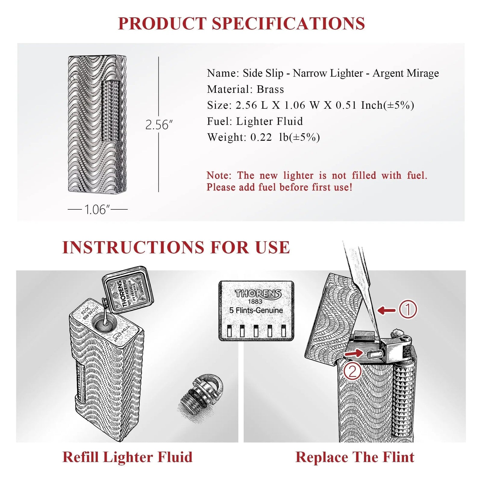 A technical specification sheet for the Argent Mirage narrow lighter, featuring 2.56-inch dimensions and illustrated step-by-step instructions for refilling fluid and replacing the flint.