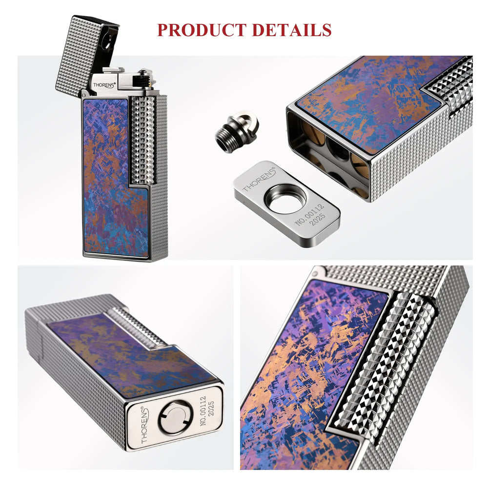 A product detail collage of the Aurora Violet Ti narrow lighter, highlighting the hobnail texture, Thorens branded bottom plate, and precision fuel screw.