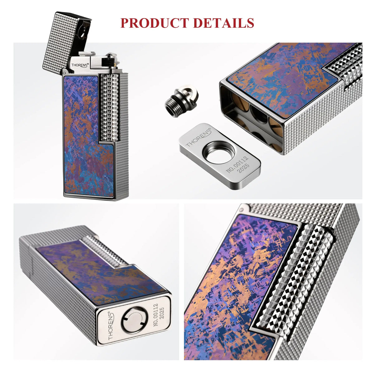 A product detail collage of the Aurora Violet Ti narrow lighter, highlighting the hobnail texture, Thorens branded bottom plate, and precision fuel screw.