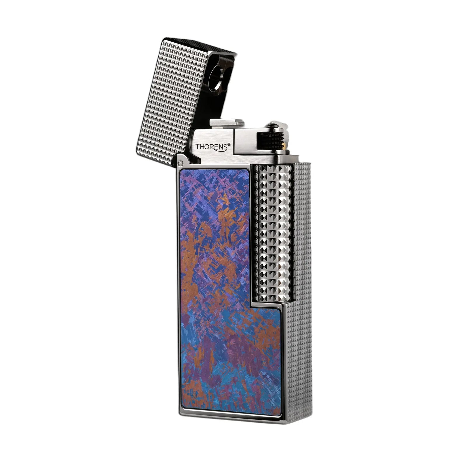 A profile view of the open Aurora Violet Ti narrow lighter, showcasing the silver hobnail texture and precision mechanical ignition head.