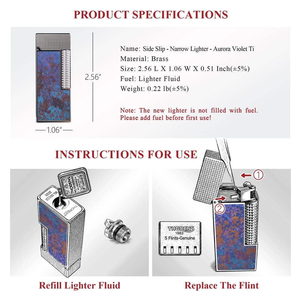 A technical diagram of the Aurora Violet Ti narrow lighter showing its 2.56-inch height and instructions for refilling fluid and flint replacement.