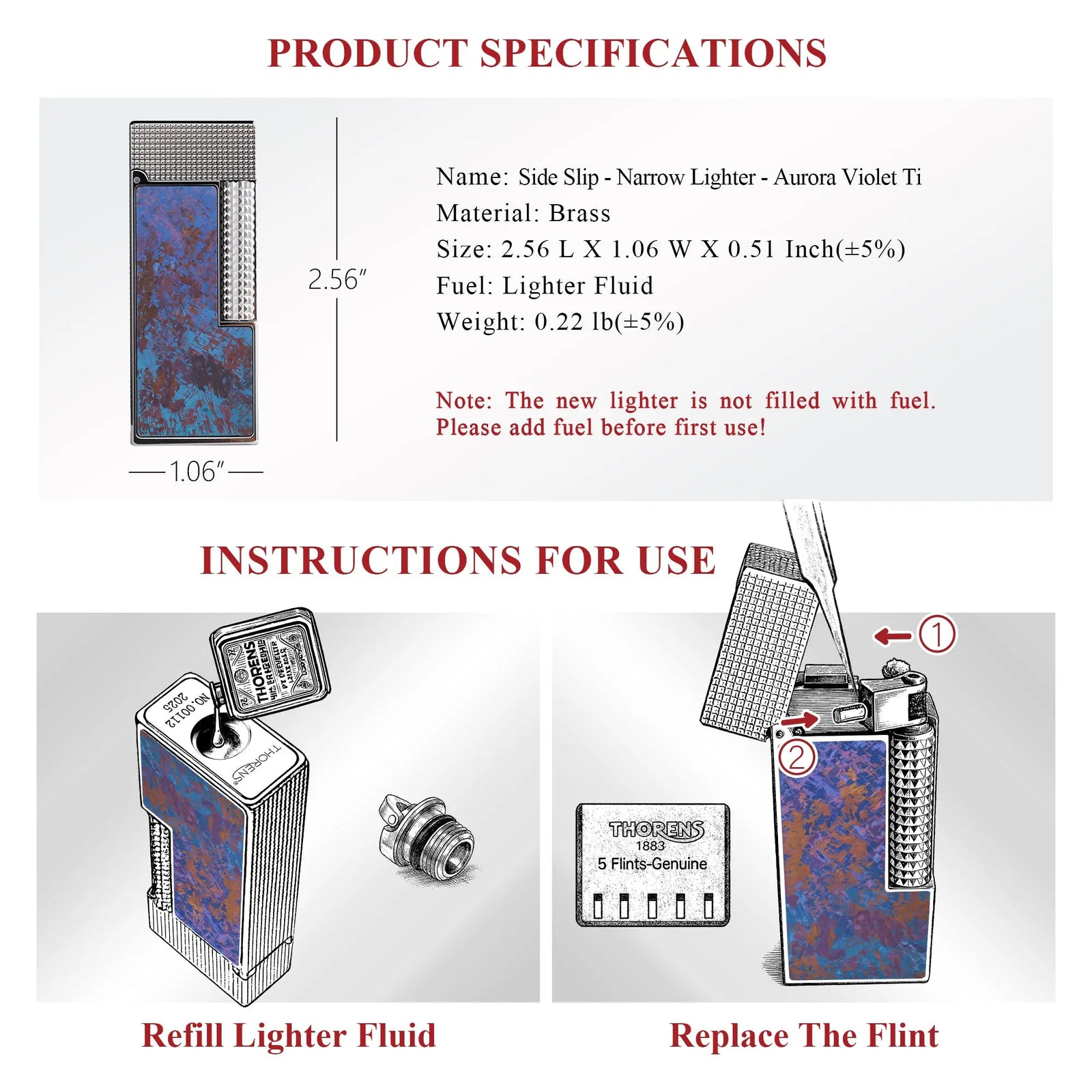 A technical diagram of the Aurora Violet Ti narrow lighter showing its 2.56-inch height and instructions for refilling fluid and flint replacement.