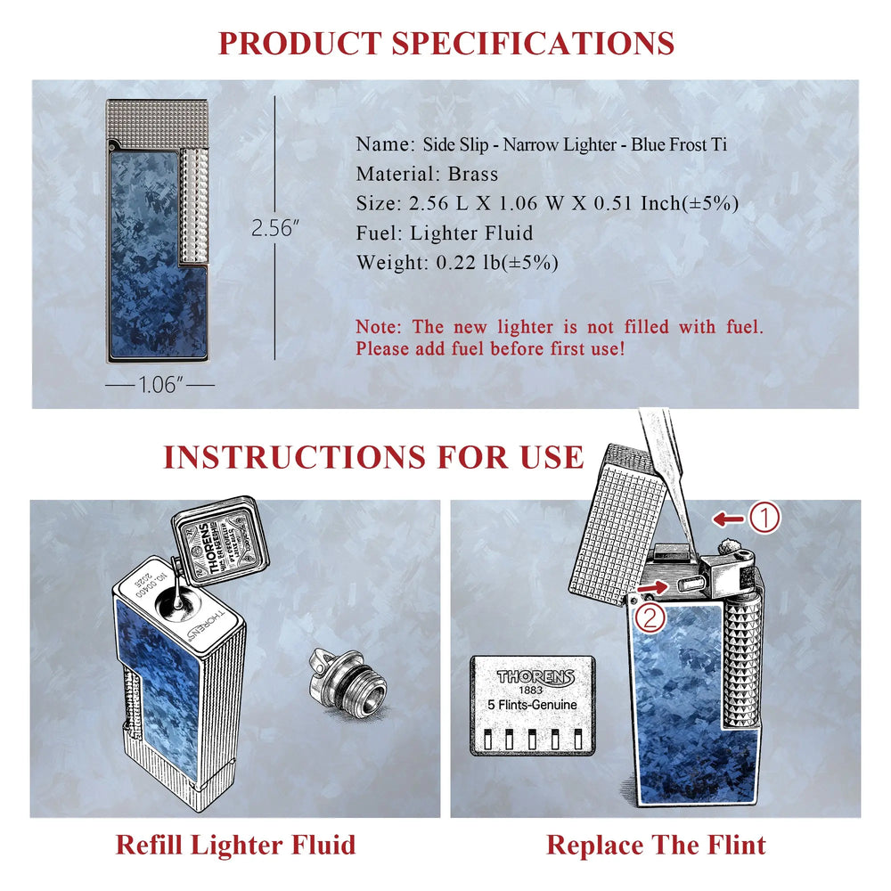 A technical spec sheet for the Blue Frost Ti narrow lighter, detailing its 2.56-inch height and providing illustrated steps for refilling lighter fluid and replacing the flint.