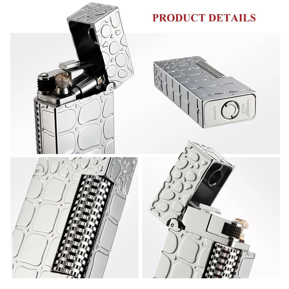 A multi-angle product display of the Thorens narrow side slip lighter, showcasing the embossed crocodile pattern, heritage bottom engraving, and precision roller.