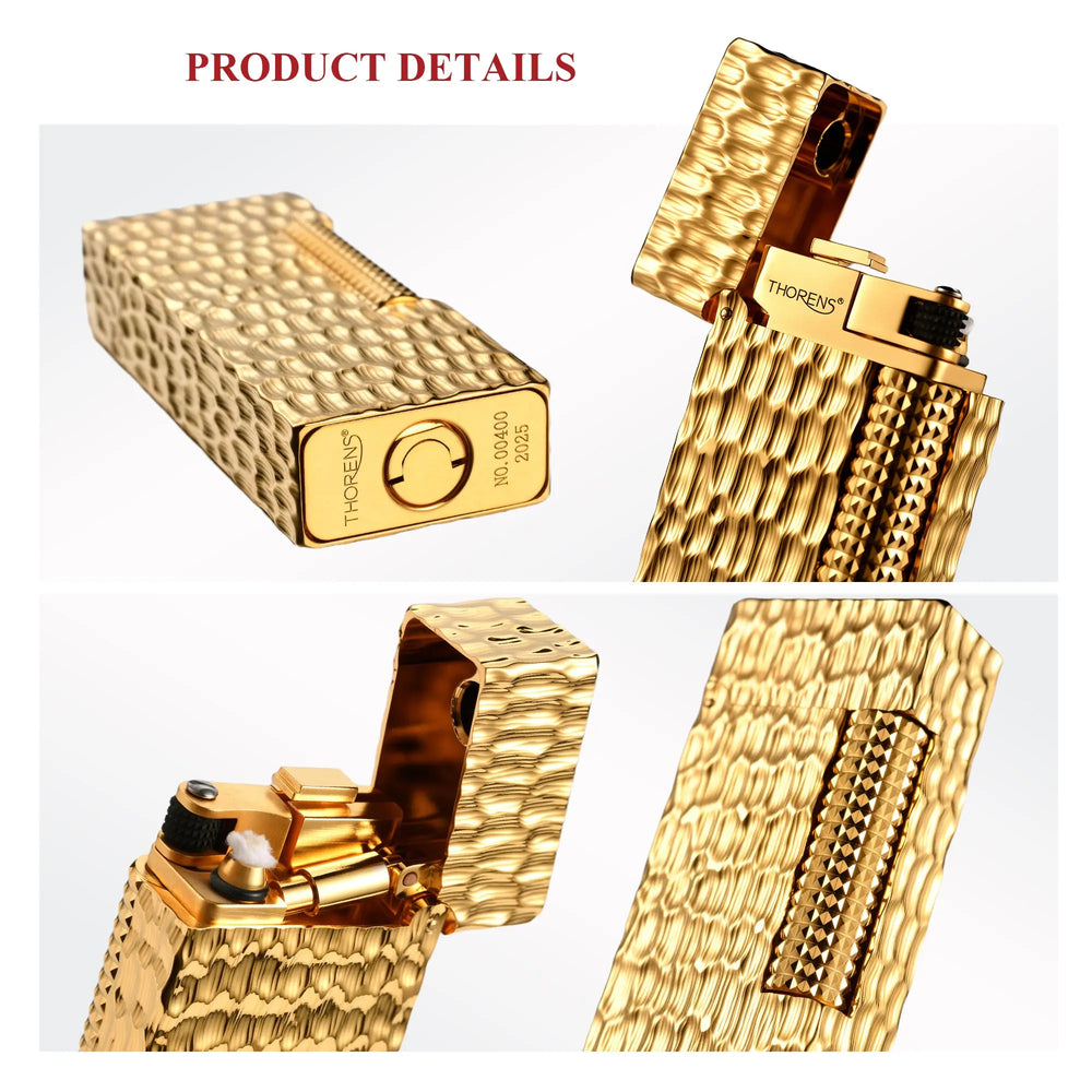 A detailed product view of the Golden Crater narrow lighter, highlighting the hammered gold texture, Thorens bottom engraving, and the precision ignition assembly.