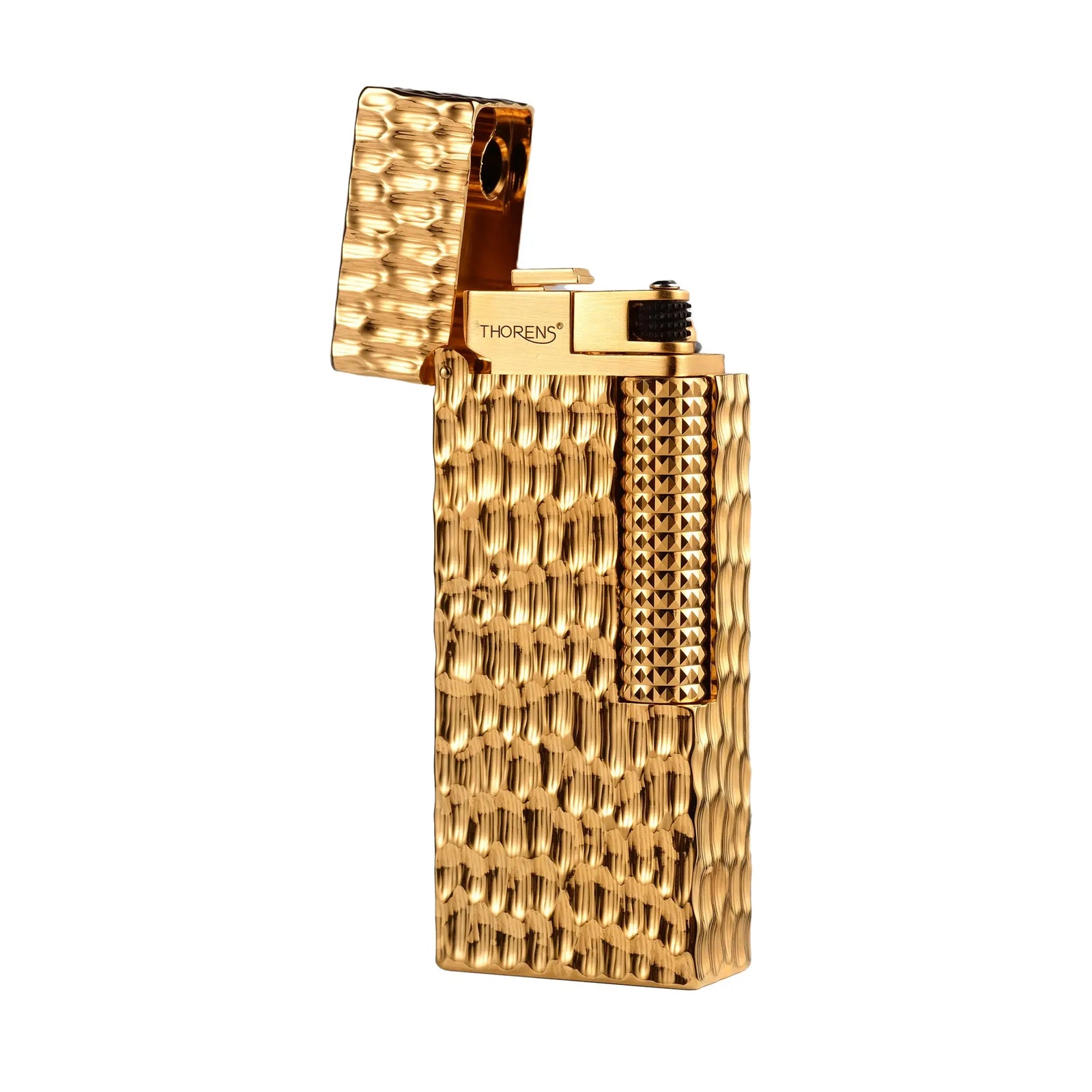 An open Golden Crater narrow lighter in a gold finish, showing the hammered crater texture and the Thorens logo on the internal ignition head.