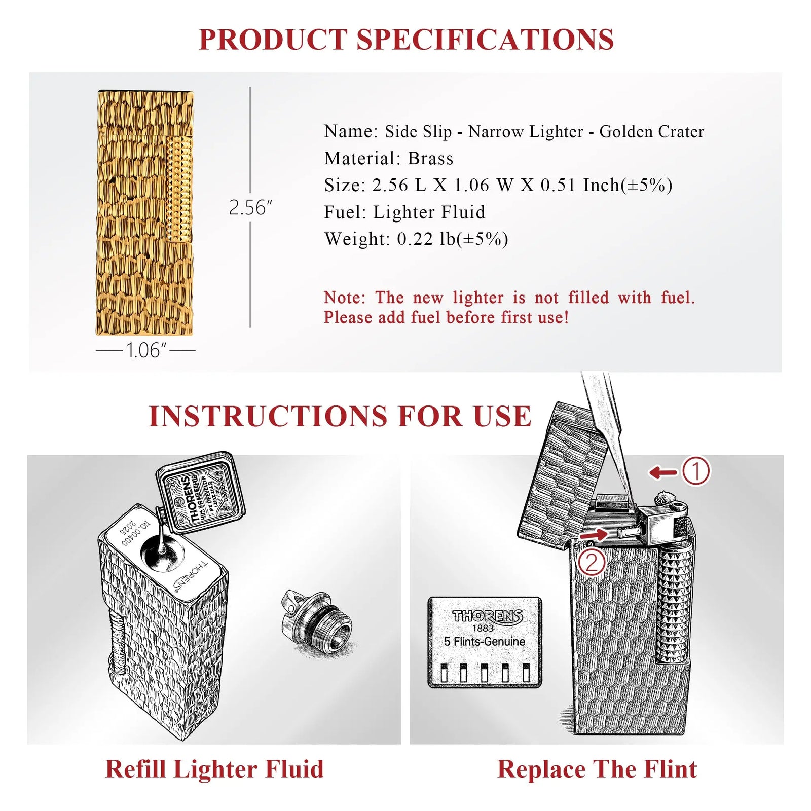 A technical specification sheet for the Golden Crater narrow lighter, featuring dimensions, material details, and illustrated instructions for fluid refilling and flint replacement.