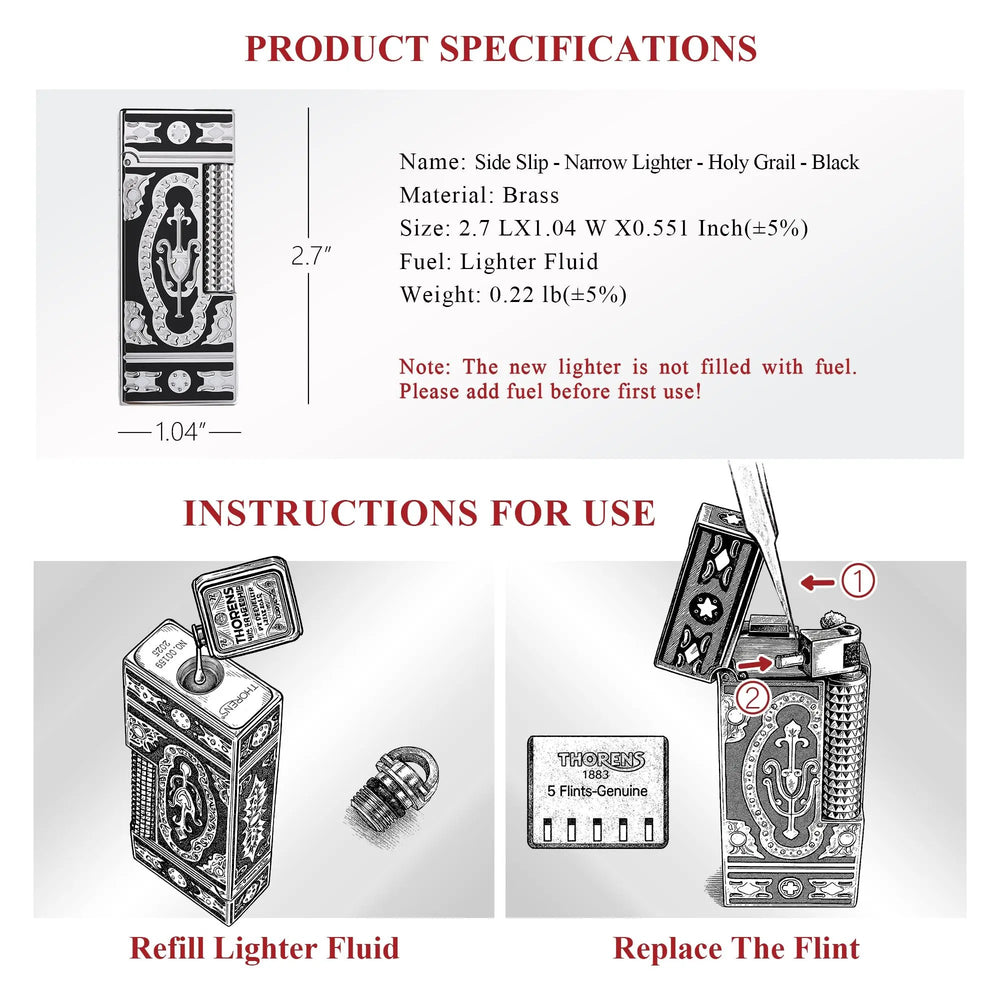 A technical spec sheet for the Holy Grail Black narrow lighter, featuring dimension callouts (2.7" height) and step-by-step illustrations for refilling fuel and replacing the flint.