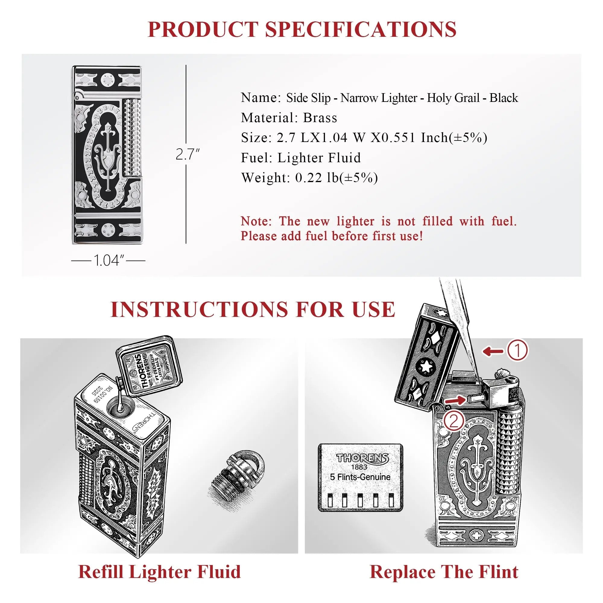 Side Slip Narrow Cigarette Lighter, Holy Grail Emblem Gift for Him
