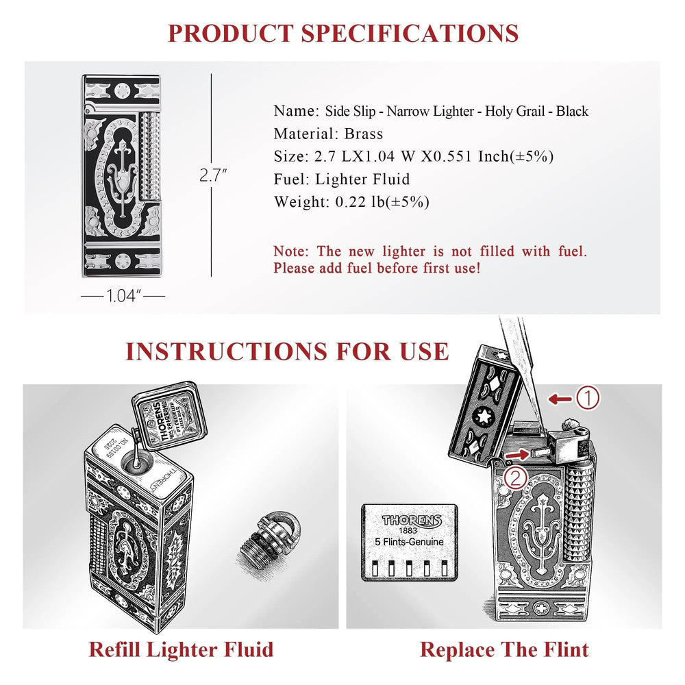 A technical spec sheet for the Holy Grail Black narrow lighter, featuring dimension callouts (2.7" height) and step-by-step illustrations for refilling fuel and replacing the flint.