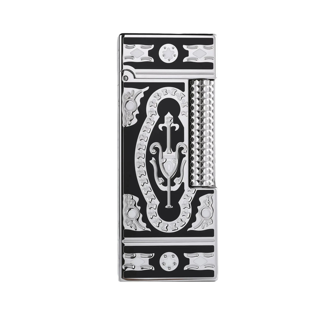 A slim Thorens Side Slip lighter featuring an intricate "Holy Grail" design with silver filigree and white enamel accents on a deep black background, highlighting the vertical textured roller.