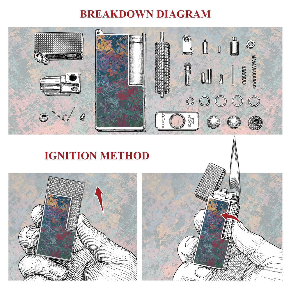 A technical breakdown diagram of the Iridescent Ti narrow lighter's individual parts, including the hobnail roller and internal springs, alongside a visual guide for the side-slip ignition method.