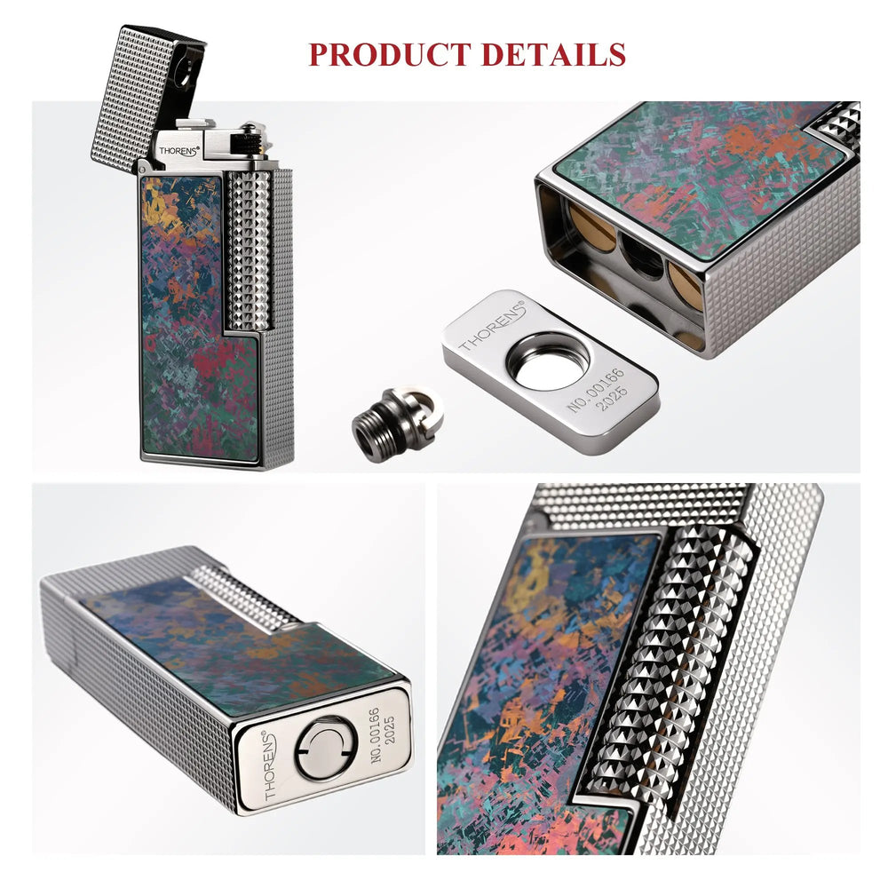 A product detail collage for the Iridescent Ti narrow lighter, highlighting the multi-color titanium inlay, the serial-numbered bottom plate, and the removable fuel-cap assembly.