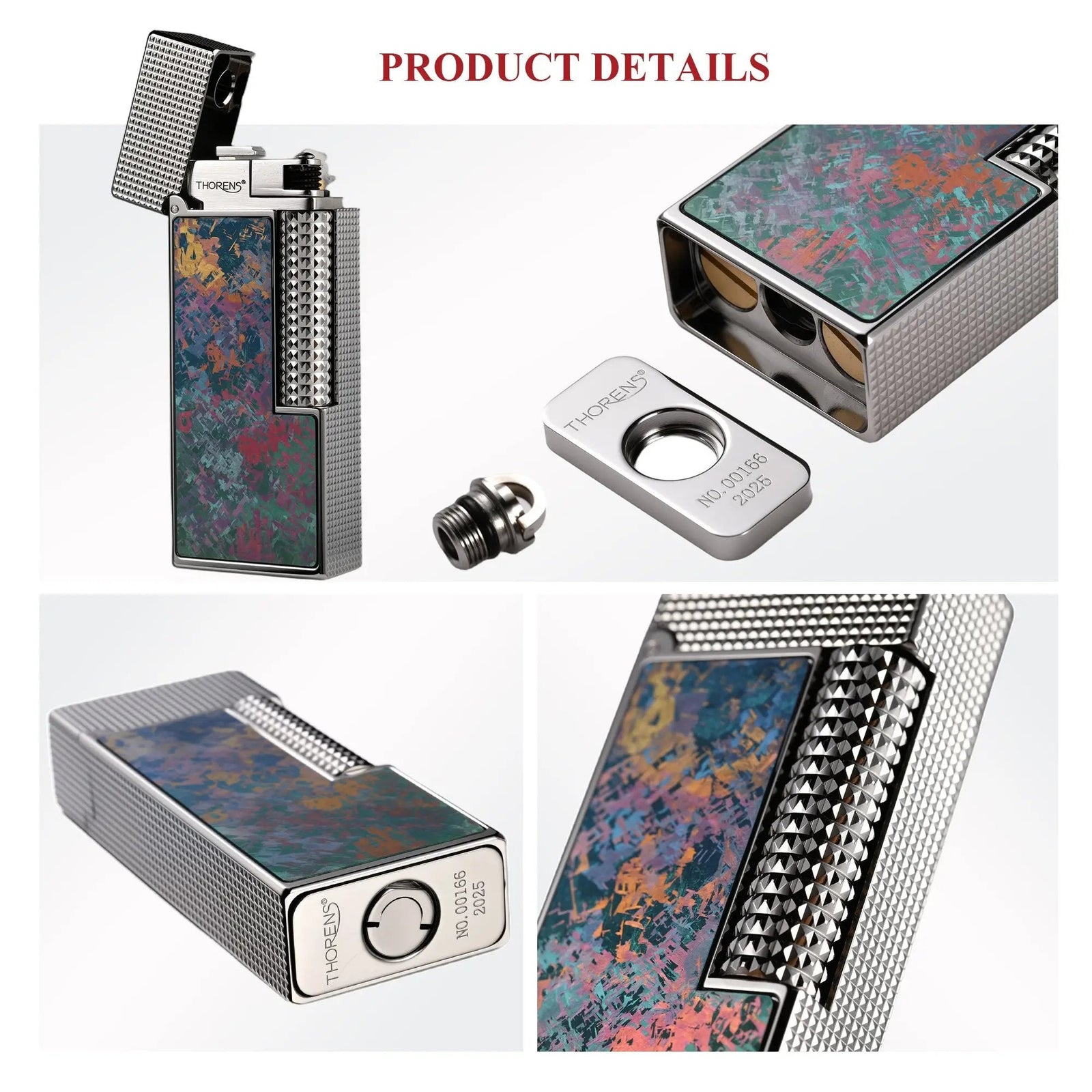 A product detail collage for the Iridescent Ti narrow lighter, highlighting the multi-color titanium inlay, the serial-numbered bottom plate, and the removable fuel-cap assembly.
