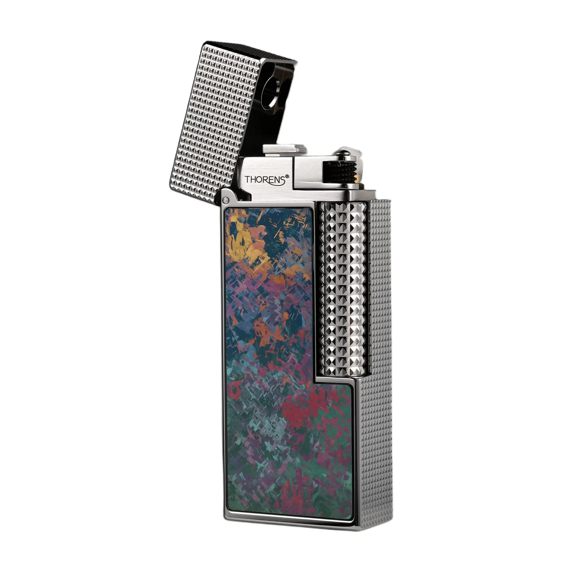 An open Side Slip narrow lighter showcasing its vibrant Iridescent Ti titanium inlay with pink, green, and gold hues, set against a polished silver-toned hobnail body.