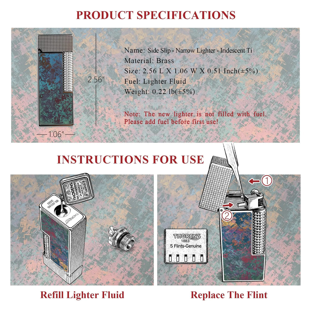 A technical specification sheet for the Iridescent Ti narrow lighter, displaying dimensions, material composition, and illustrated guides for refilling fluid and changing the flint.