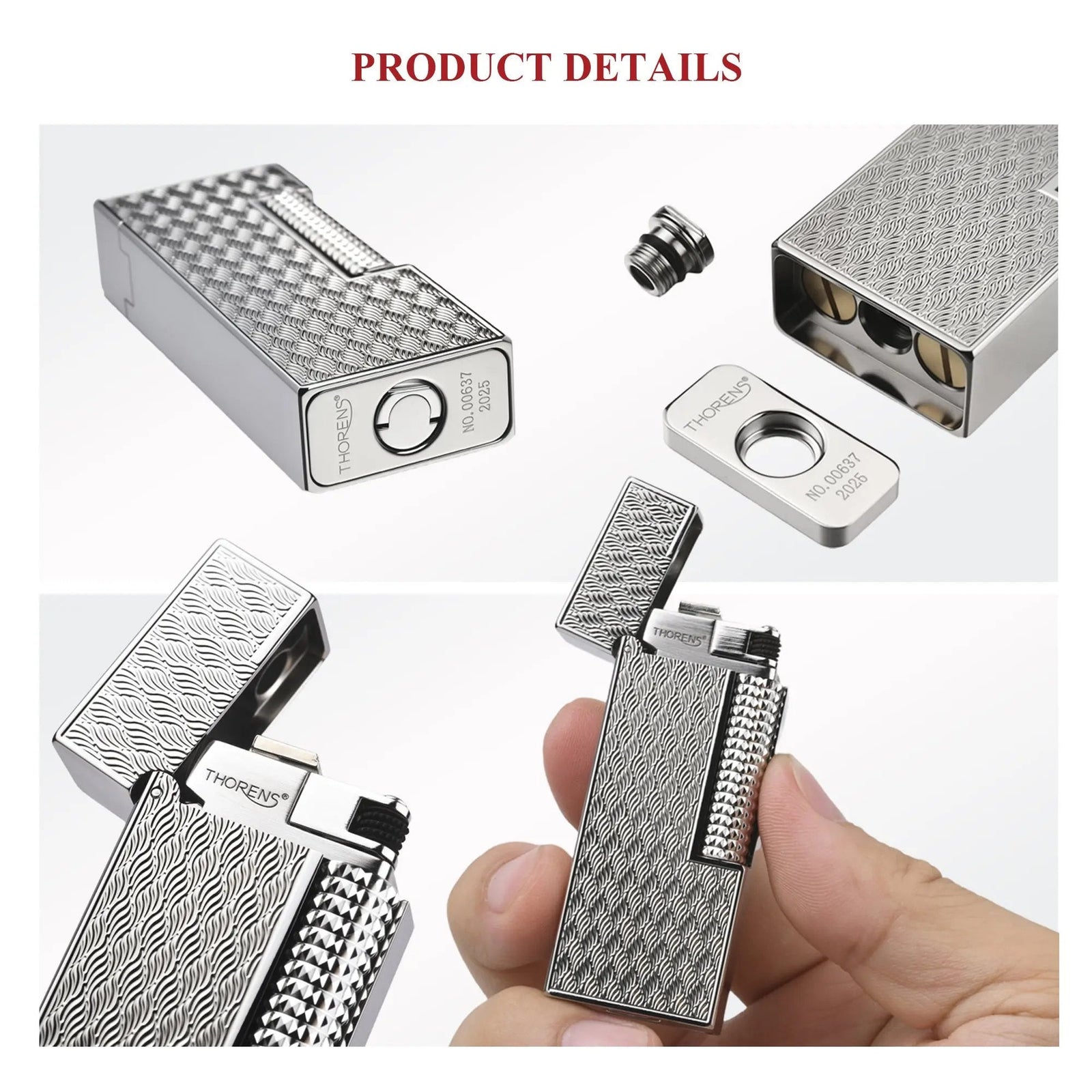 A detailed product collage of the Ripple Shadow narrow lighter, highlighting its wavy silver texture, serialized bottom plate, and the modular fuel chamber assembly.