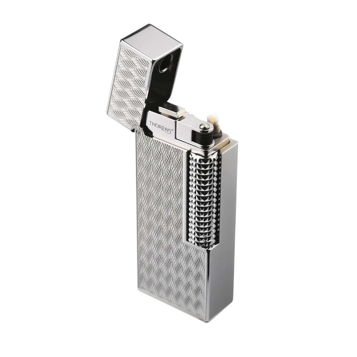 An open Side Slip narrow lighter in the Ripple Shadow finish, showcasing the silver wavy-patterned body, a high-polish chrome lid, and the precision-machined ignition head with a visible cotton wick.