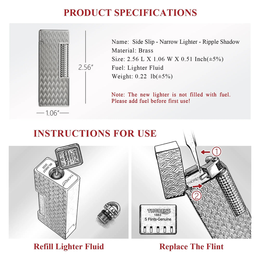 Technical specification sheet for the Ripple Shadow narrow lighter, showing a 2.56-inch height profile and illustrated step-by-step guides for refilling lighter fluid and replacing the flint.