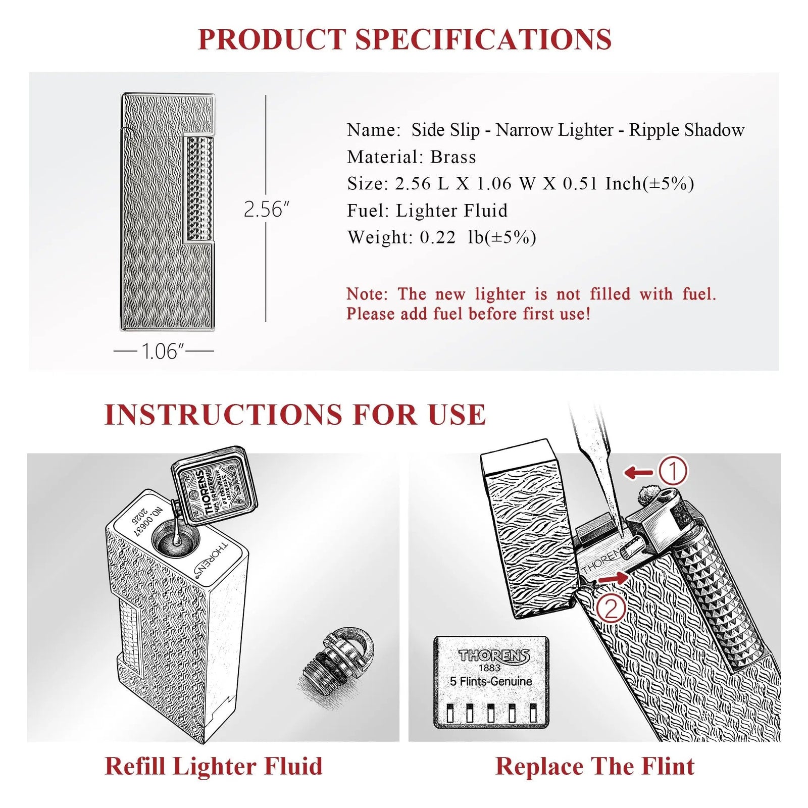 Technical specification sheet for the Ripple Shadow narrow lighter, showing a 2.56-inch height profile and illustrated step-by-step guides for refilling lighter fluid and replacing the flint.