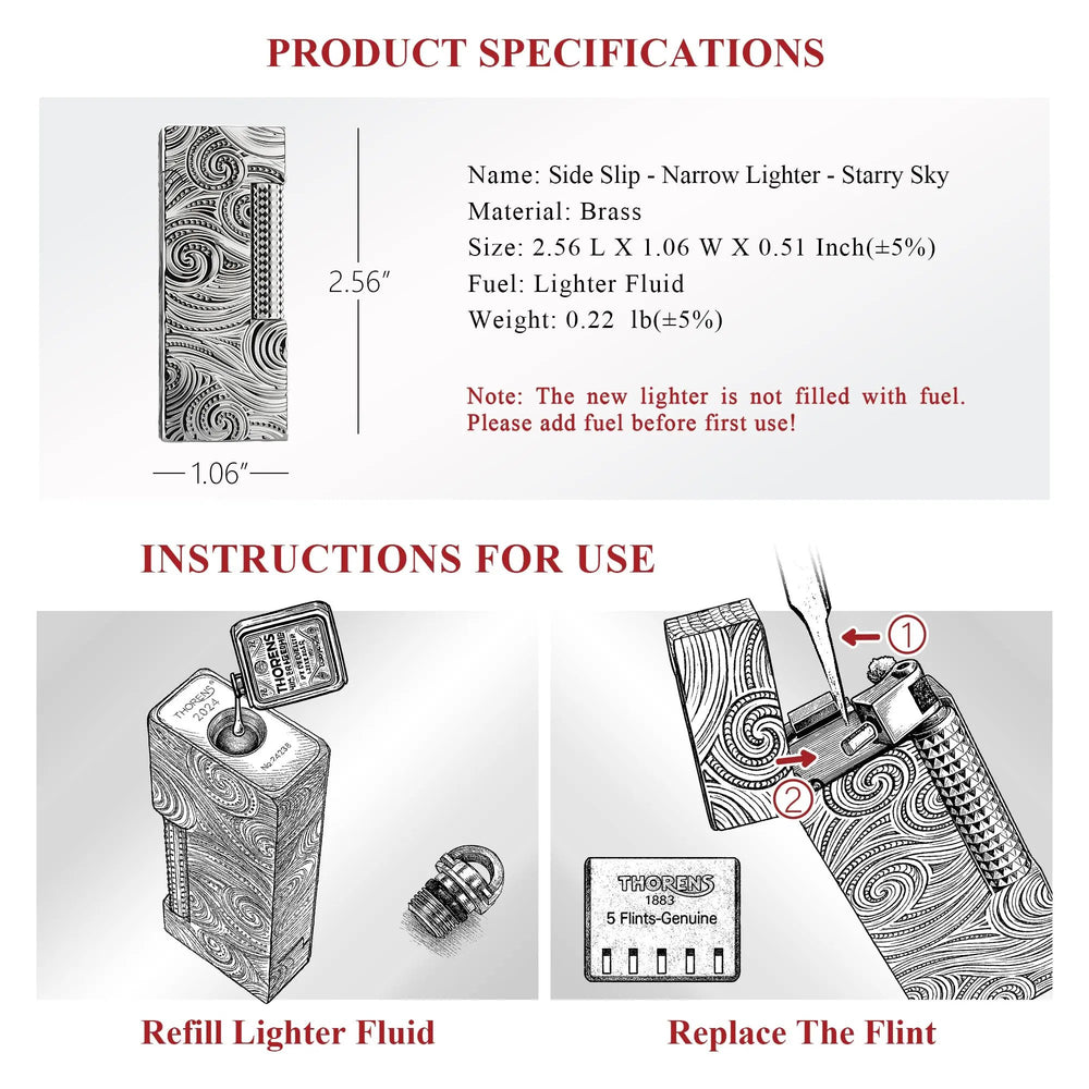 A technical data sheet for the Starry Sky narrow lighter, featuring 2.56-inch height dimensions and clear, step-by-step illustrated guides for refilling fluid and replacing the flint.