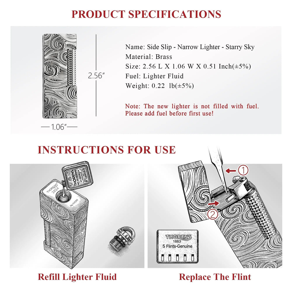 A technical data sheet for the Starry Sky narrow lighter, featuring 2.56-inch height dimensions and clear, step-by-step illustrated guides for refilling fluid and replacing the flint.