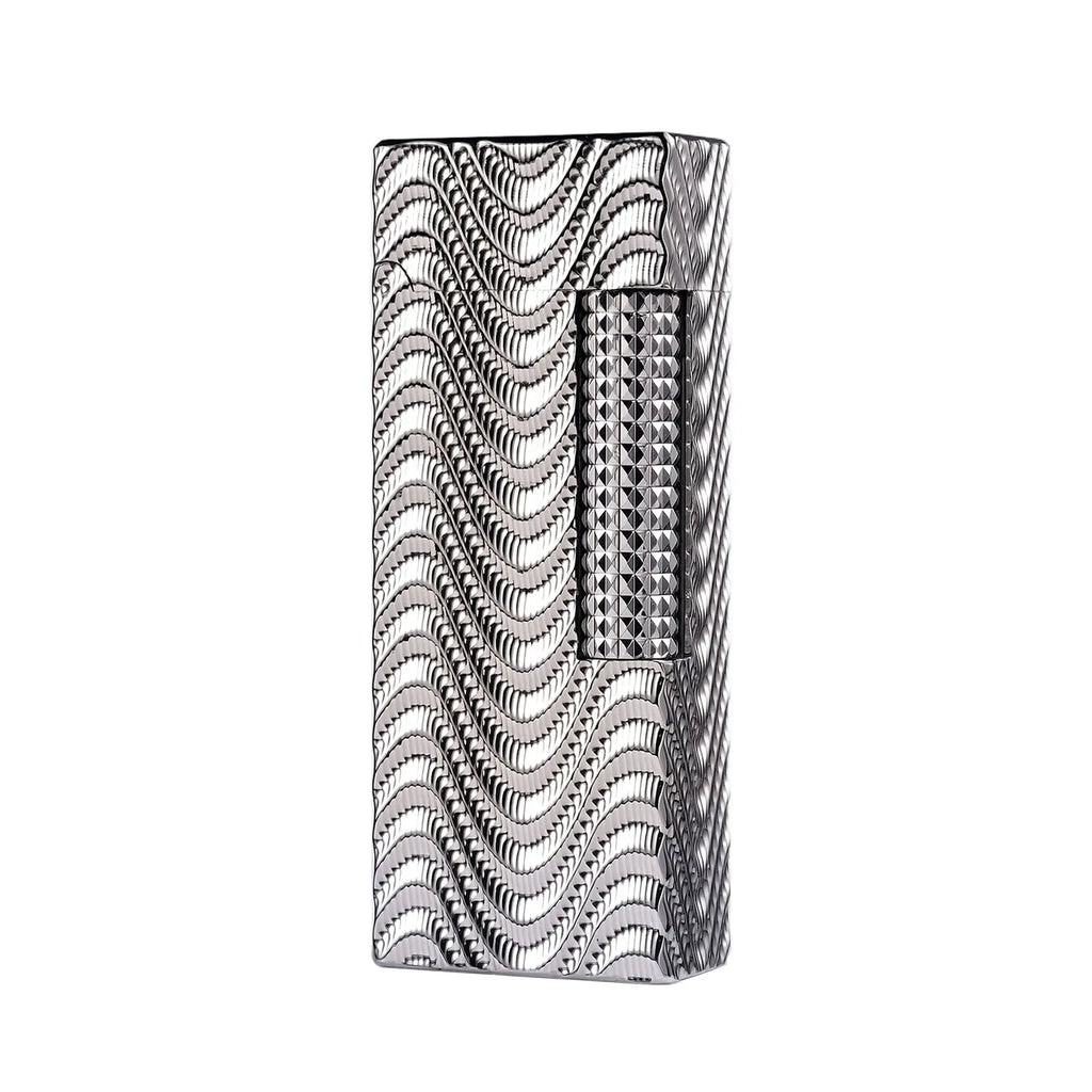 A slim silver Side Slip lighter featuring a fluid Argent Mirage wave engraving and a textured diamond-pattern ignition roller on a chrome body.