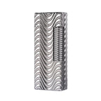 A slim silver Side Slip lighter featuring a fluid Argent Mirage wave engraving and a textured diamond-pattern ignition roller on a chrome body.