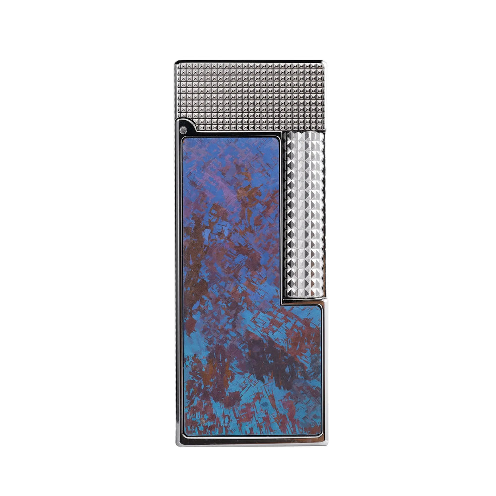 Slim Thorens Side Slip lighter with a vibrant Aurora Violet titanium inlay, featuring a polished silver frame and diamond-textured ignition roller.
