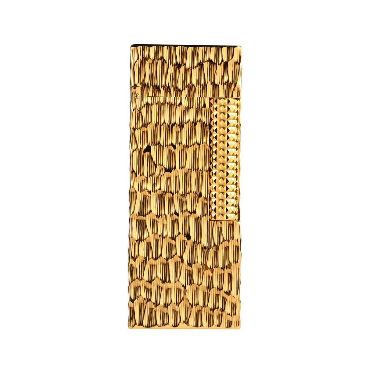 A slim Thorens Side Slip lighter featuring a textured golden crater surface and a diamond-patterned ignition roller.