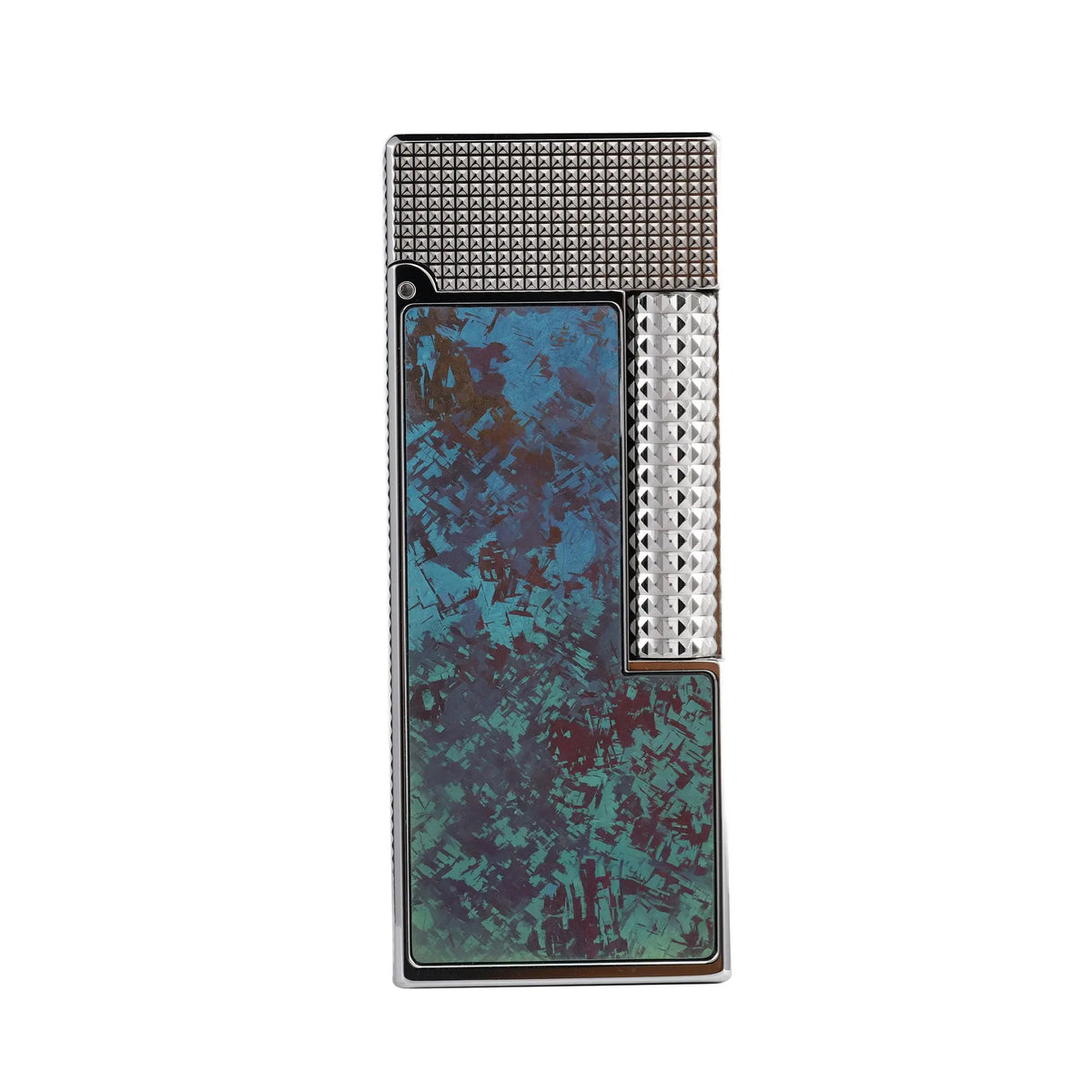 Slim Thorens Side Slip lighter featuring a multi-tonal iridescent titanium inlay, polished chrome-finish frame, and diamond-cut ignition roller.