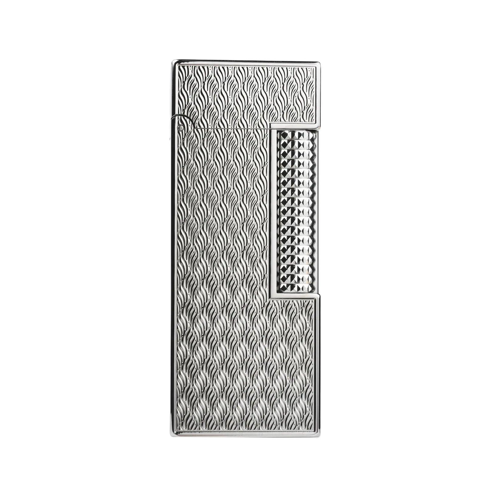 A slim silver Side Slip lighter featuring an intricate Ripple Shadow wave engraving and a diamond-textured ignition roller on a polished chrome body.