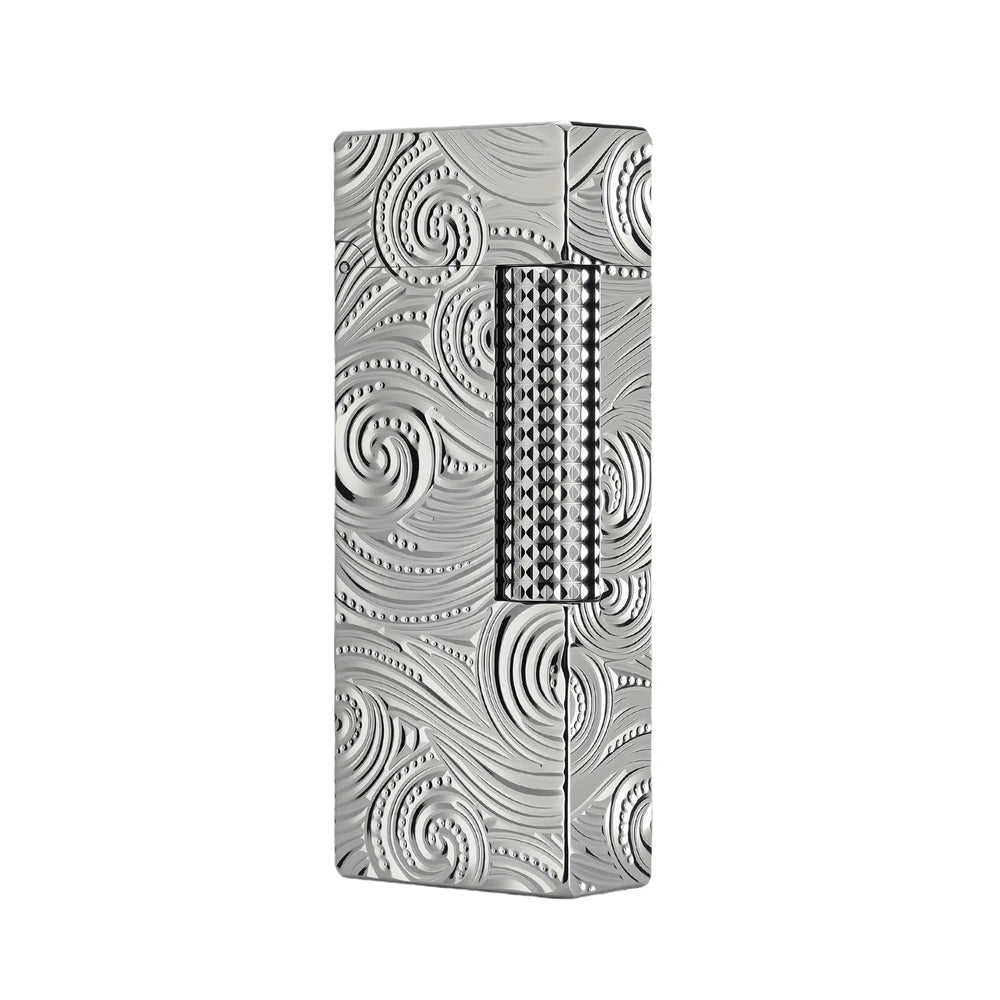 A slim Thorens Side Slip lighter with a silver chrome finish featuring swirling Starry Sky engravings and a textured roller-ignition bar.