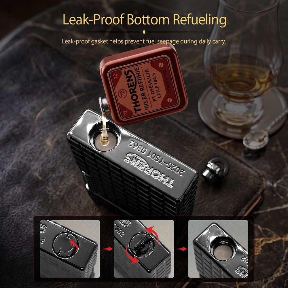 An onyx black Thorens side slip lighter leaning against a dark surface, highlighting the matte block pattern, side-roller ignition, and engraved logo.
