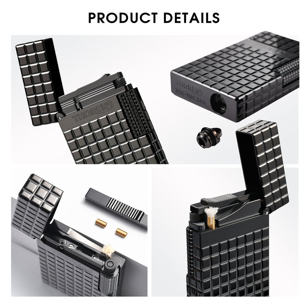 A collage of the onyx black Thorens side slip lighter showing the side-roller ignition, bottom fuel port with sealing screw, and internal brass wick structure.