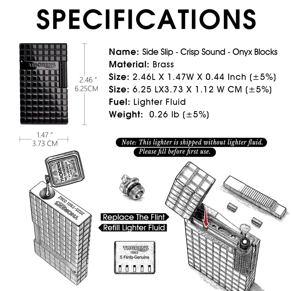 A technical overview of the Thorens Onyx Blocks side slip lighter, including physical dimensions, brass material specs, and illustrated refill and flint replacement steps.