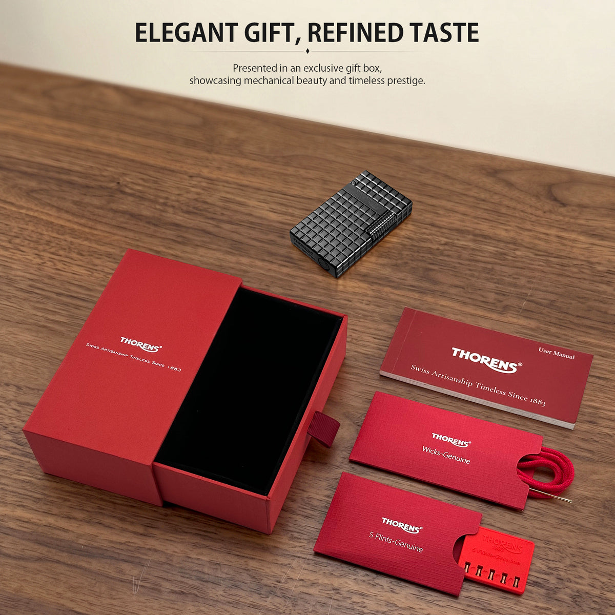 Thorens Side Slip Onyx Blocks 라이터의 내부 부품을 보여주는 분해 조립도와 점화 방법 안내가 포함된 기술 일러스트레이션.
