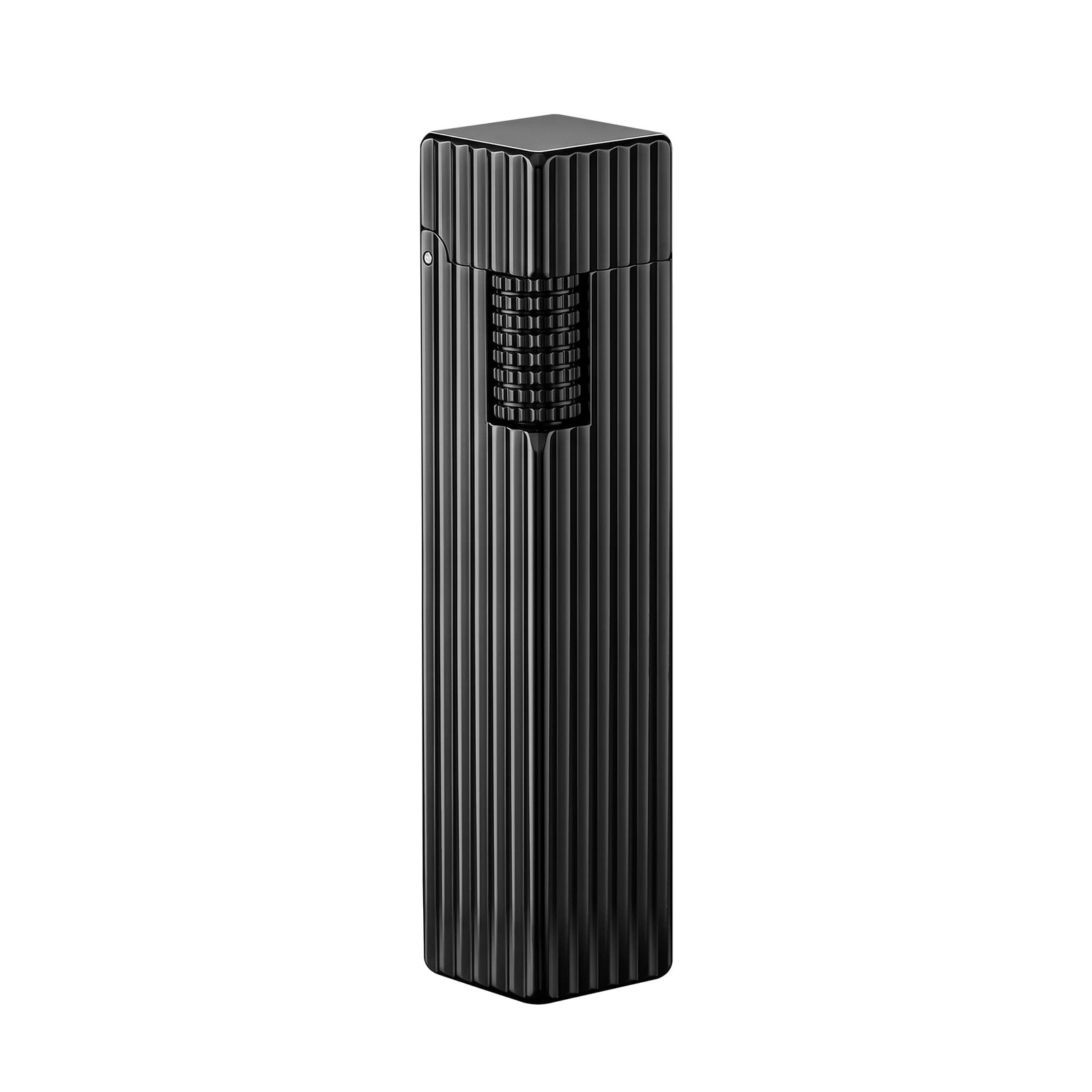 Thorens Side Slip rectangular lighter in black pinstripe finish shown closed on a clean background, highlighting vertical grooves and integrated ignition wheel.