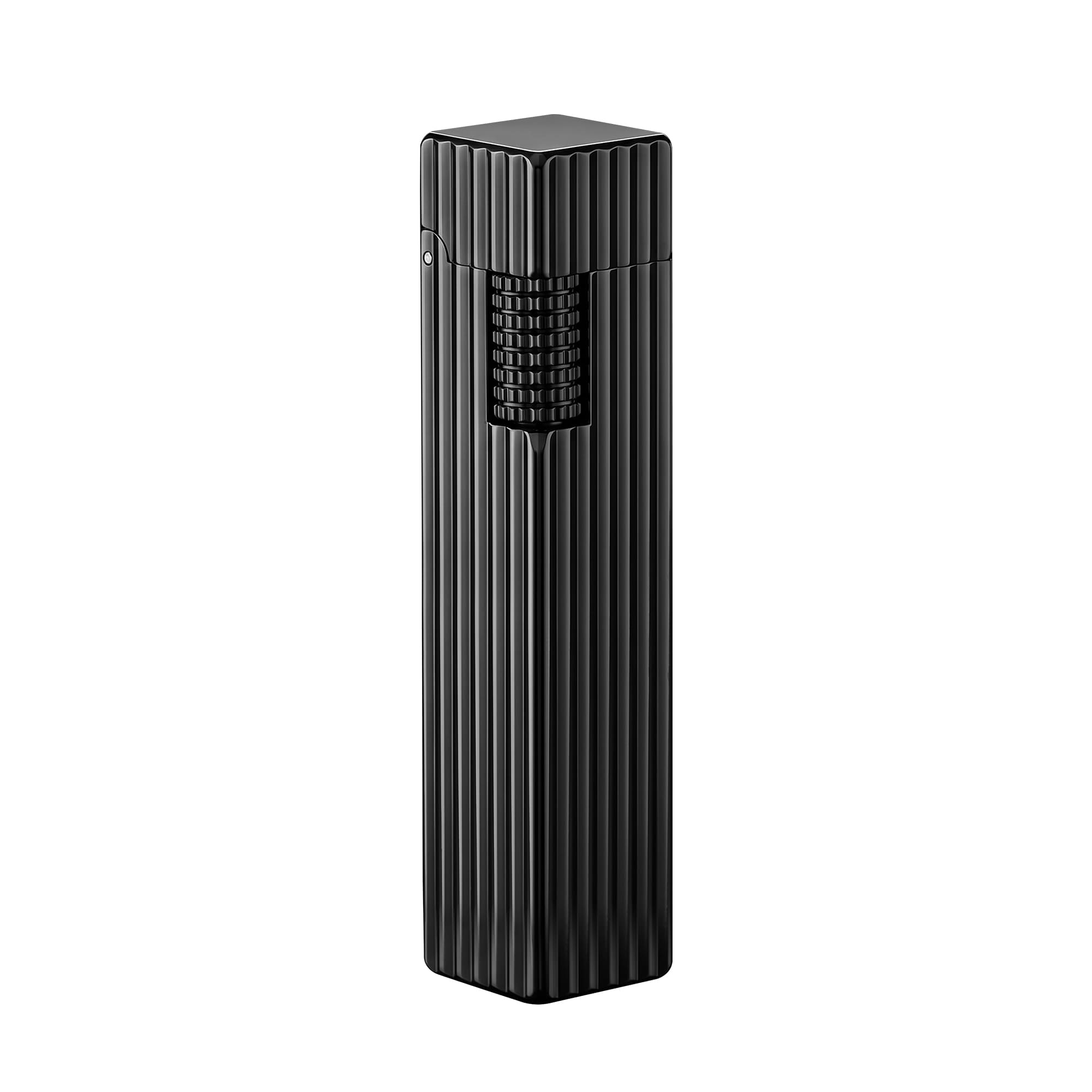 Thorens Side Slip rectangular lighter in black pinstripe finish shown closed on a clean background, highlighting vertical grooves and integrated ignition wheel.