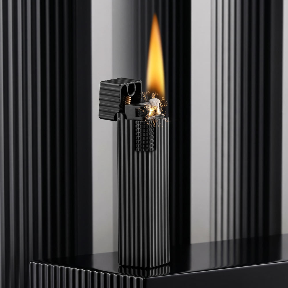 Thorens Side Slip rectangular lighter in black pinstripe finish igniting with bright flame and spark, lid open to reveal precision ignition assembly.
