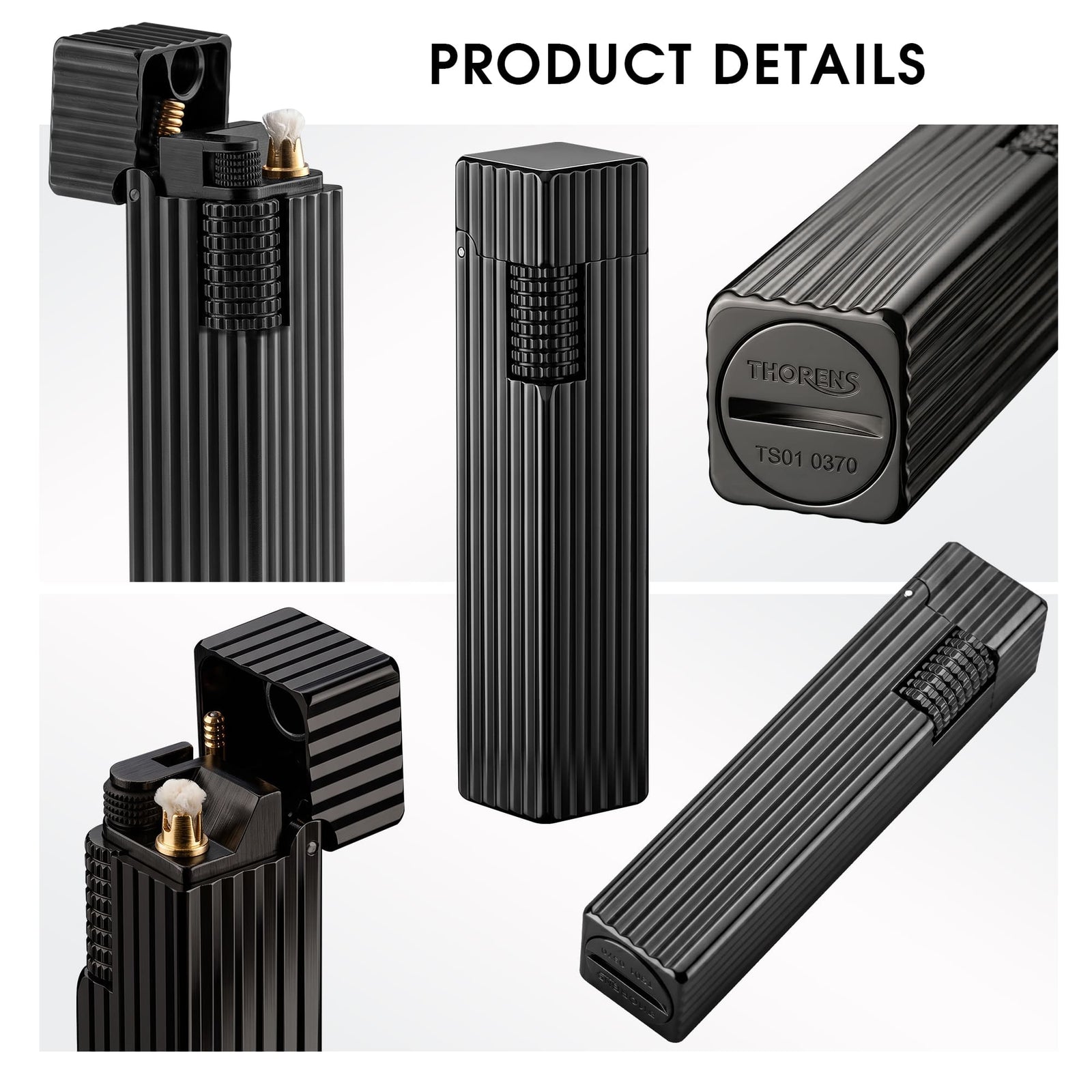 Detailed views of the Thorens Side Slip rectangular lighter in black pinstripe finish, showing ignition mechanism, textured wheel, engraved base, and precision metal construction.