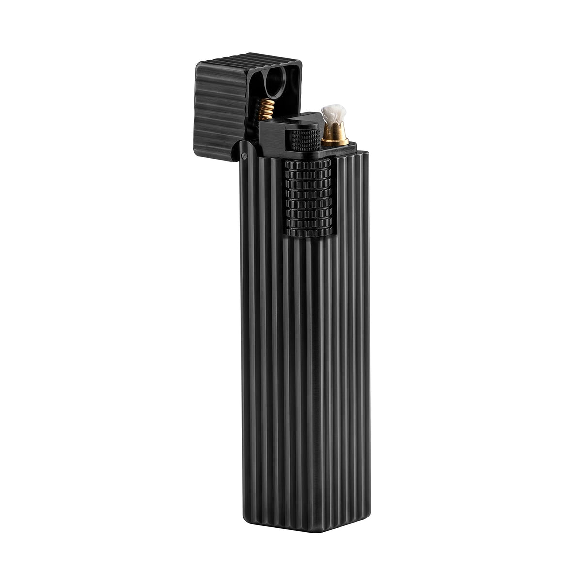 Thorens Side Slip rectangular lighter in black pinstripe finish with lid open, revealing wick, flint wheel, and internal ignition mechanism.