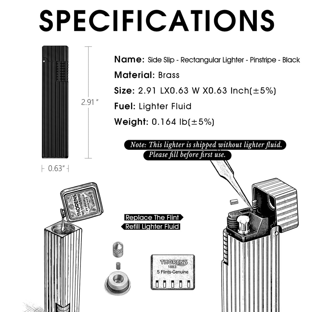 Product specifications and usage guide for the Thorens Side Slip rectangular lighter in black pinstripe finish, including size details, fuel refill, and flint replacement instructions.