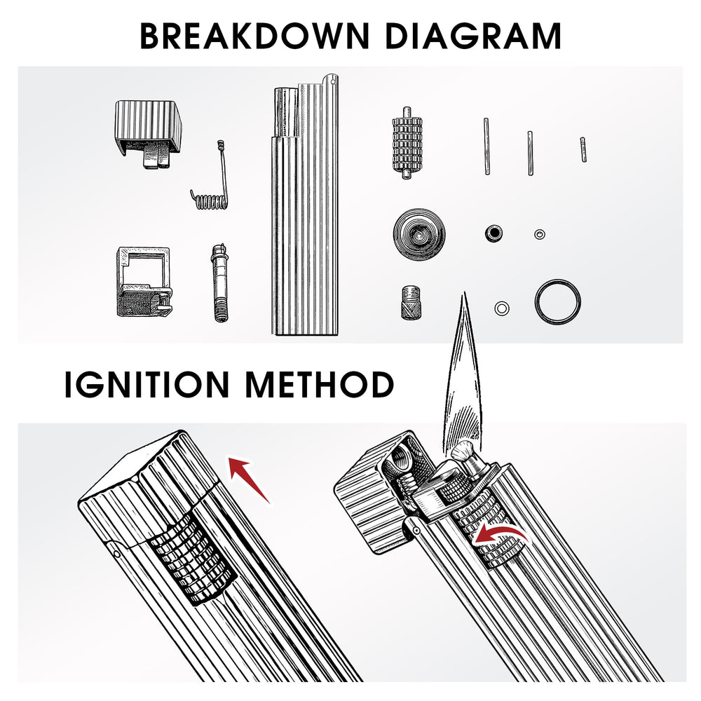 Technical breakdown diagram of Thorens Side Slip rectangular lighter in gold pinstripe finish, showing internal components and side-slide ignition method.