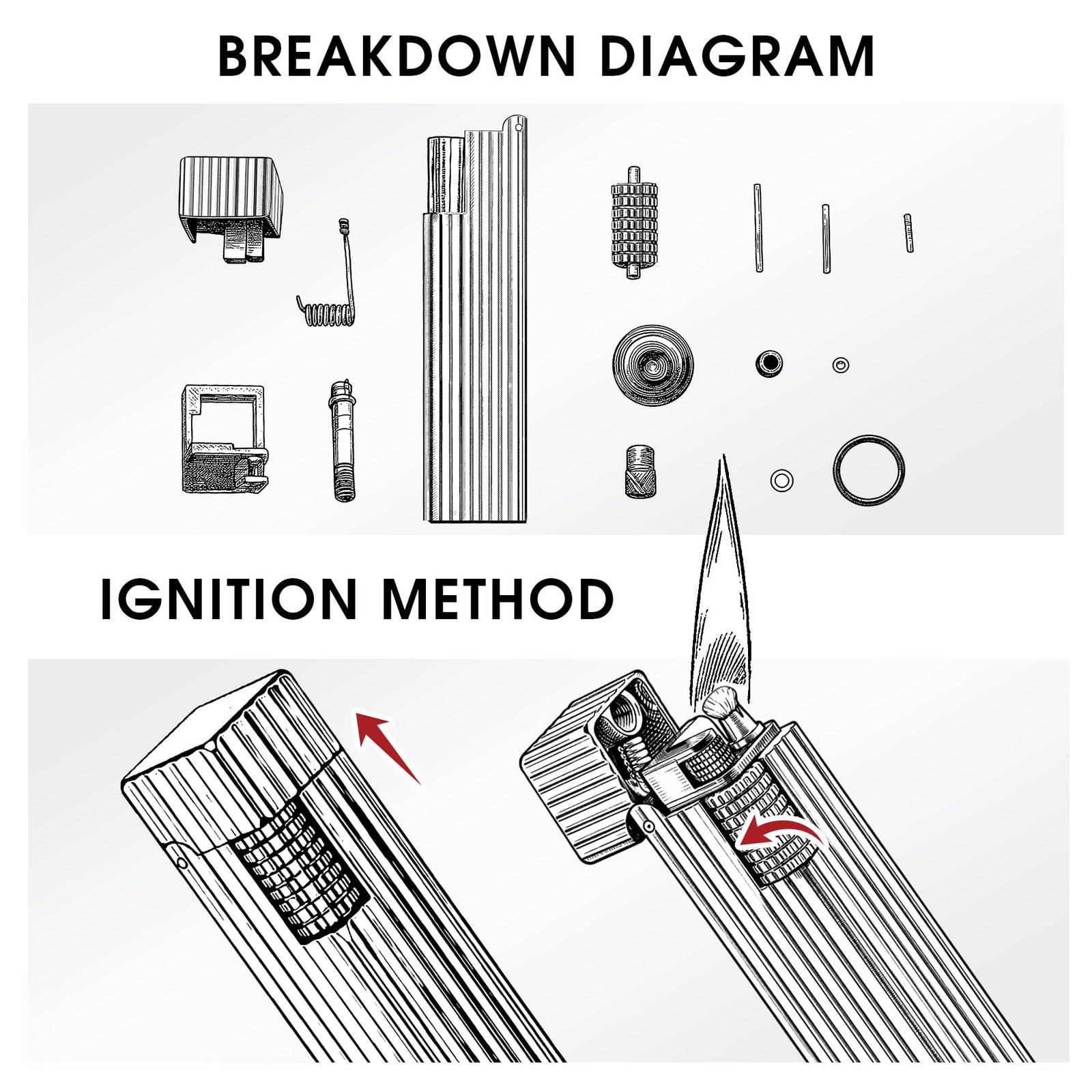 Technical breakdown diagram of Thorens Side Slip rectangular lighter in gold pinstripe finish, showing internal components and side-slide ignition method.