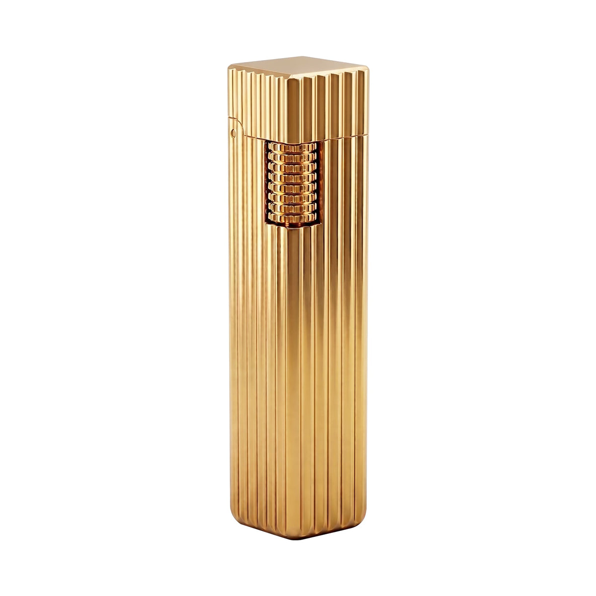 Thorens Side Slip rectangular lighter in gold pinstripe finish shown closed, highlighting vertical grooves and integrated side-slide ignition wheel.