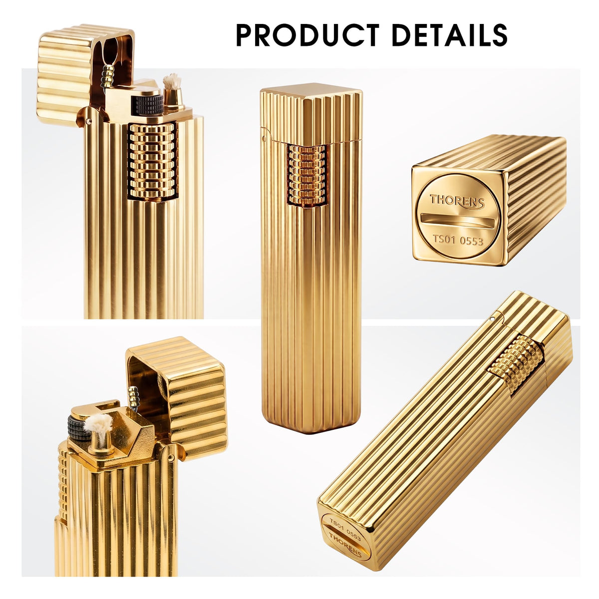 Thorens Side Slip rectangular lighter in gold pinstripe finish shown in multiple views, highlighting ignition wheel, open lid structure, base engraving, and linear brass texture.