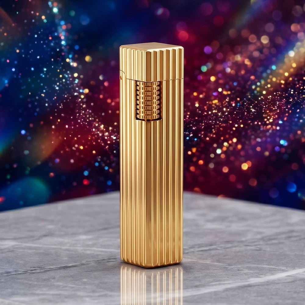 Thorens Side Slip rectangular lighter in gold pinstripe finish shown closed, highlighting vertical grooves and integrated ignition wheel on a clean surface.