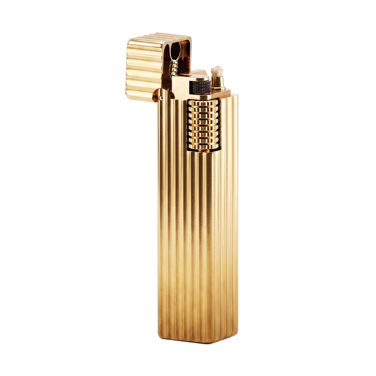 Thorens Side Slip rectangular lighter in gold pinstripe finish shown open, revealing flint wheel, wick, and internal ignition components with clean linear brass texture.